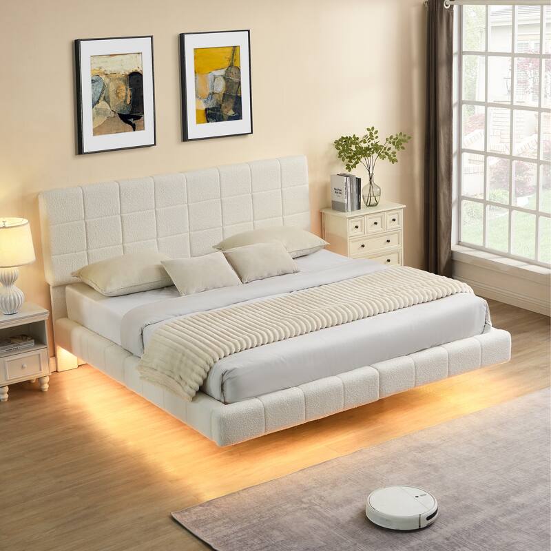 Queen Floating Bed with LED Lights - Soft Boucle Fabric, 800lbs Capacity, Easy Clean Design