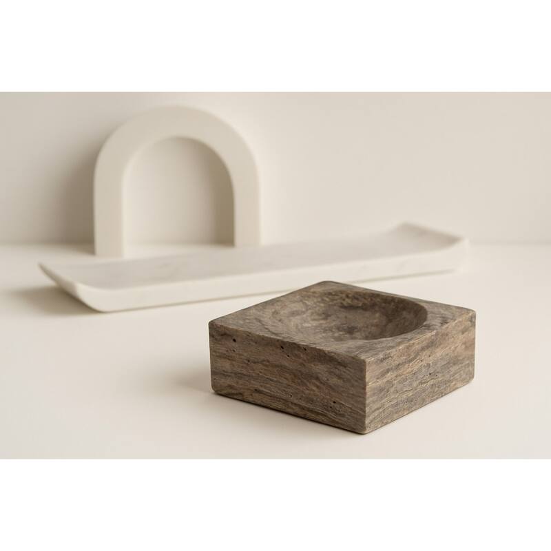 Small Travertine Square Bowl - 6" - Gray