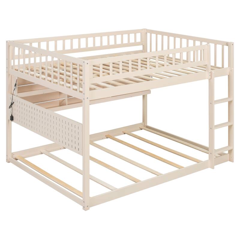 Wooden Full Over Full Bunk Bed Frame for Kids with Integrated Shelving, Light Strip, Pegboard, Full-Length Guardrails and Ladder
