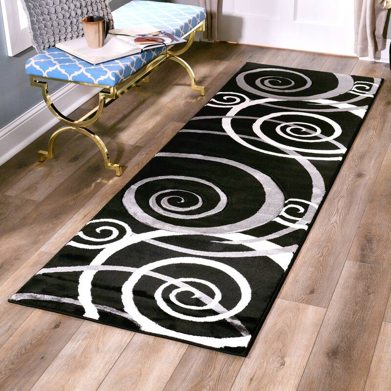 Orelsi Collection Swirl Area Rug - 2'8" x 8'1" Runner - Black/Grey