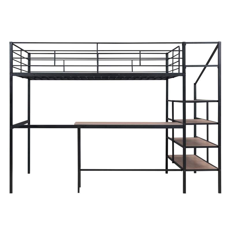Full Size Metal Loft Bed with Desk and Lateral Storage Ladder
