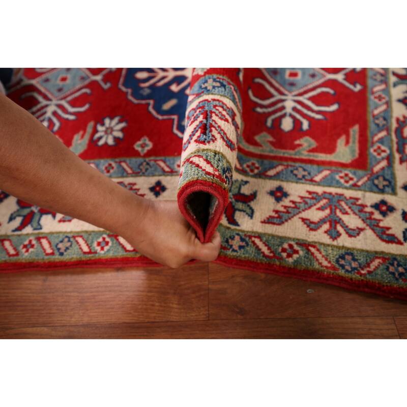 Red Geometric Kazak Accent Rug Handmade Wool Carpet - 2'9" x 4'1"