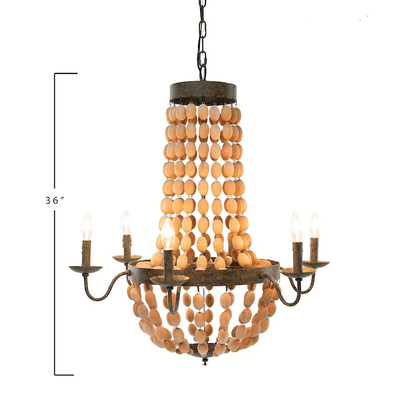 Metal Chandelier with Wood Beads & 6 Lights