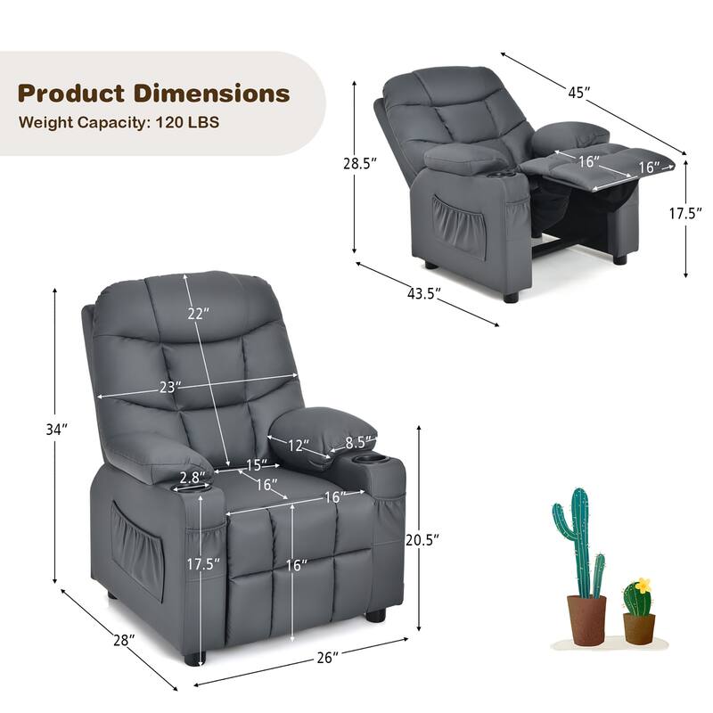 Costway Kids Youth Recliner Chair PU Leather w/Cup Holders & Side