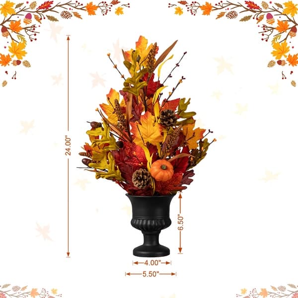dimension image slide 1 of 4, Glitzhome 24"H Fall Thanksgiving Maple Leaf Pumpkin Urn Table Tree Holiday Home Decoration
