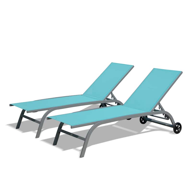 GDFStudio - Chaise Lounge Outdoor Set of 3, Adjustable Lounge Chairs with Wheels - Lake Blue/Double Chaise