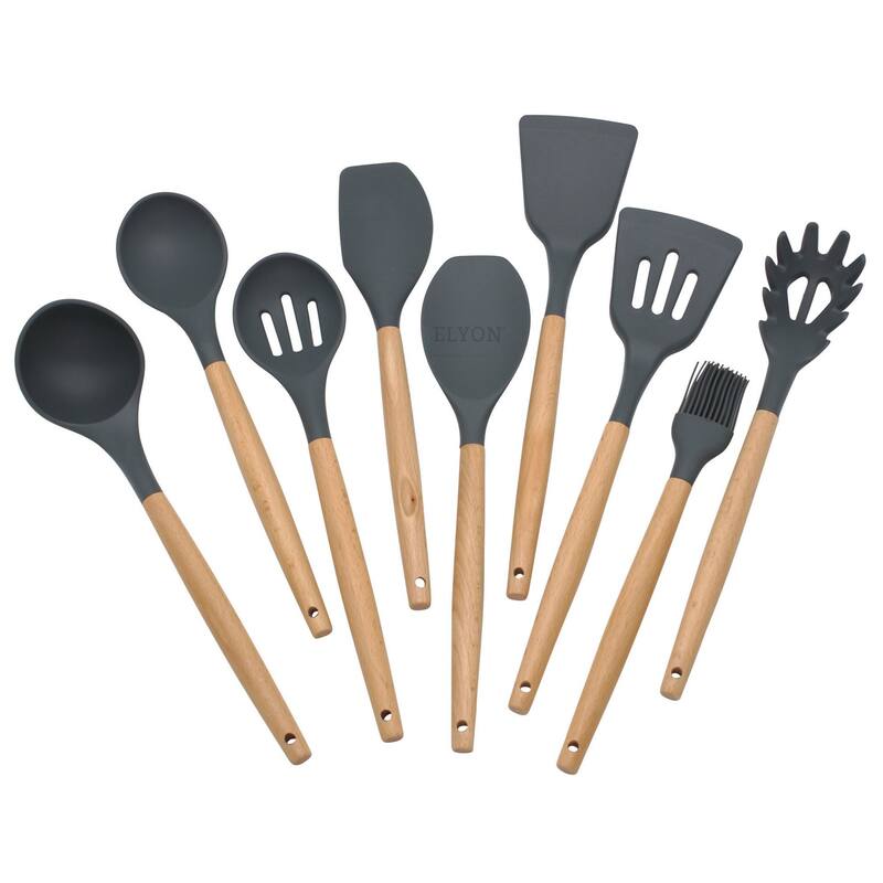 Elyon 9 Piece Colored Silicone with Wood Handles Kitchen Utensils Set - 9 Piece - Charcoal