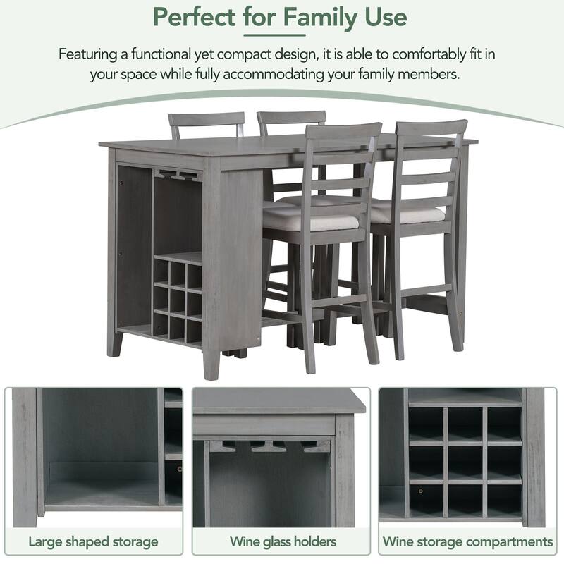 Gray 5-Piece Counter Height Wooden Dining Table Set with 4 Chairs & Shelves