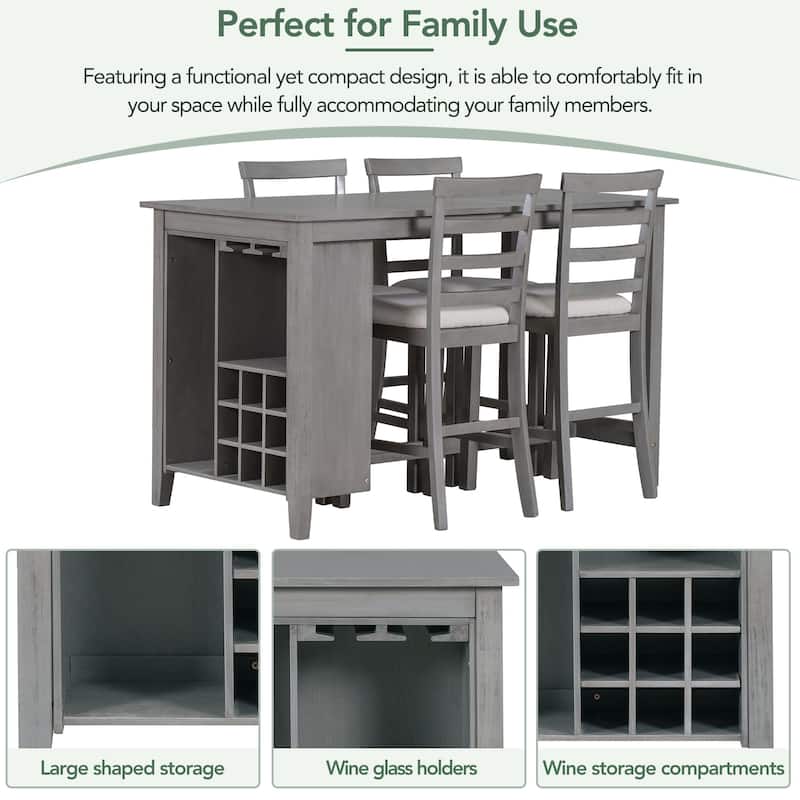 Wood Counter Height Dining Set with Padded Chairs, Integrated Under Table Compartment & Wineglass Holders for Dining Room, Cafe