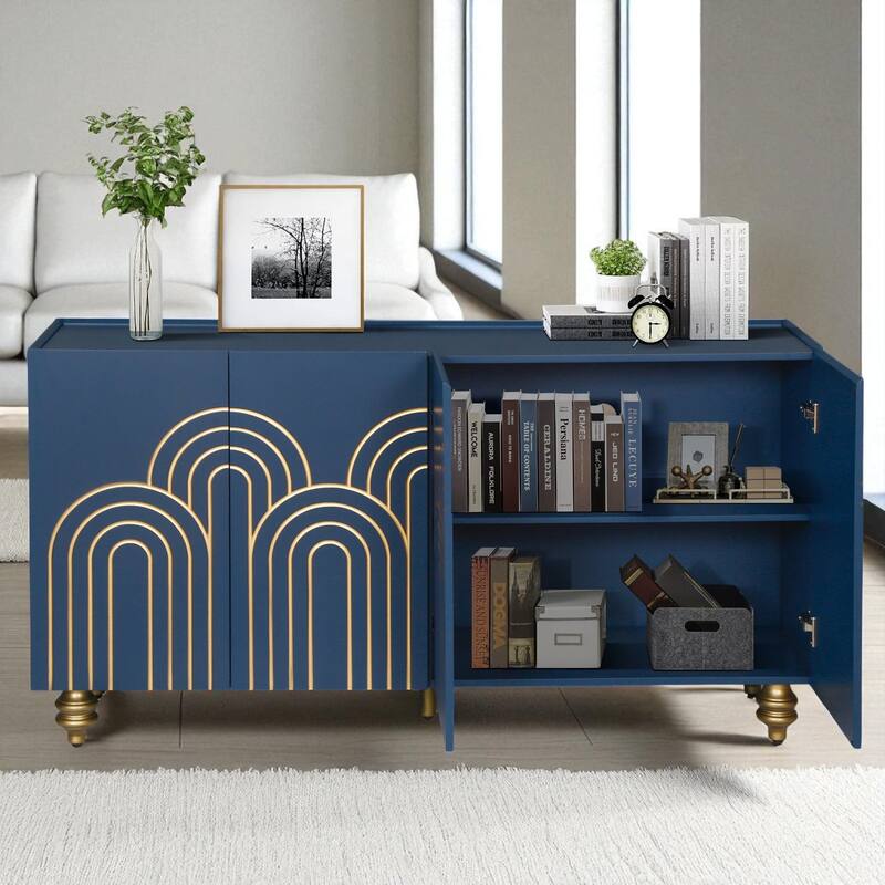 Modern Fluted Sideboard Buffet with Adjustable Shelves, Gold Base & 4 Doors for Kitchen or Dining Room