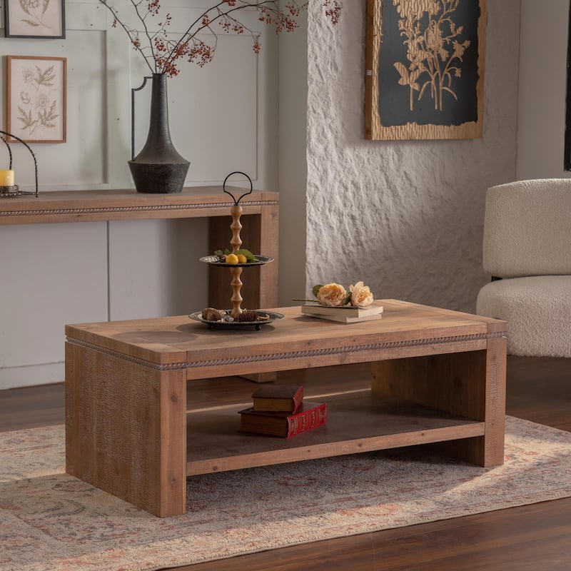 Large 2-Tier Rustic Coffee Table with Storage Shelf - Natural Wood