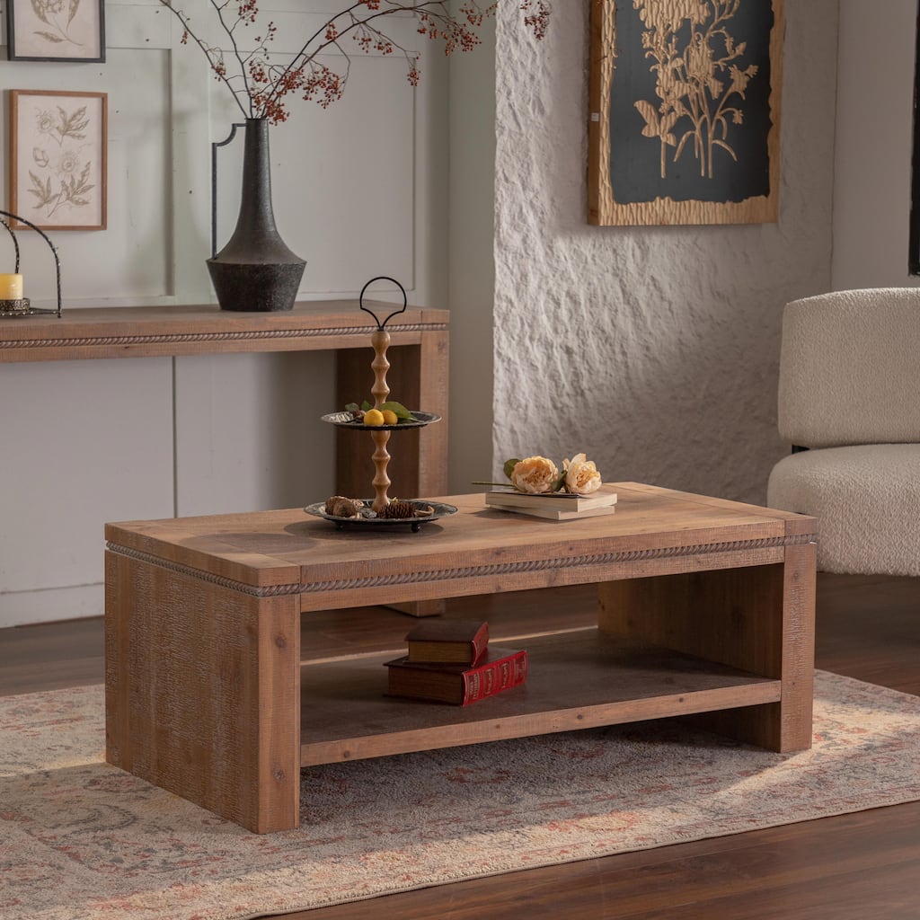 Large 2-Tier Rustic Coffee Table with Storage Shelf