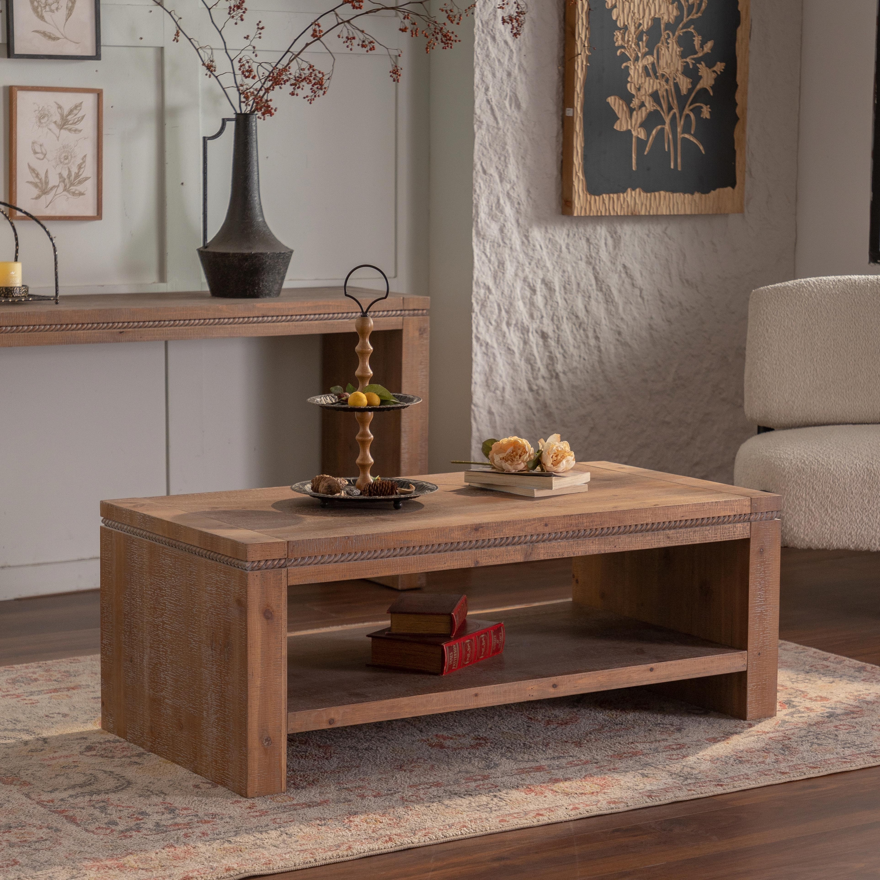 Large 2-Tier Rustic Coffee Table with Storage Shelf