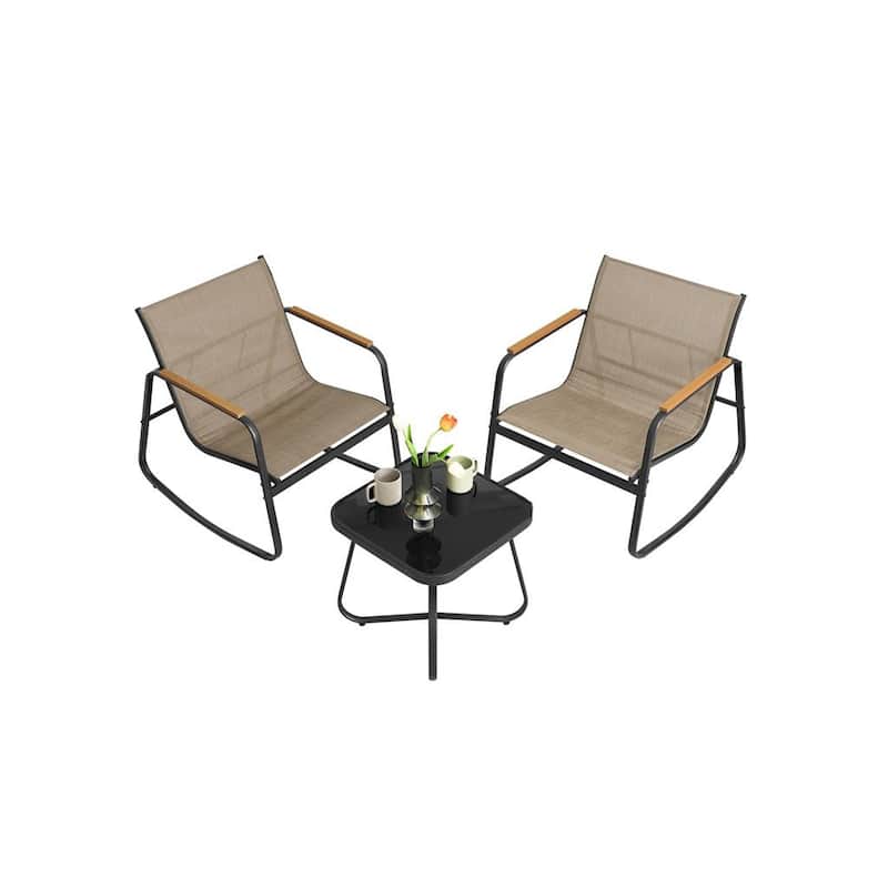 3-Piece Outdoor Breathable Fabric Rocking Chair Set with Side Table and Steel Frame Anti-Slip Feet - 17.3"D x 17.3"W x 16.8"H - Yellowish Brown