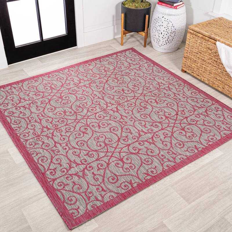 JONATHAN Y Ourika Textured Weave Indoor/Outdoor Area Rug - 5' Square - Light Gray/Fuchsia