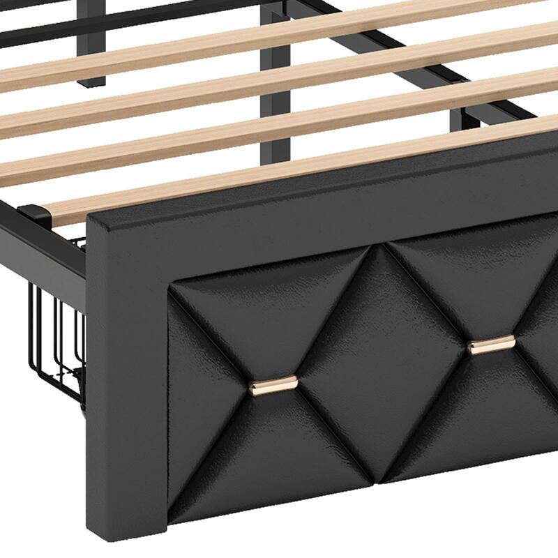 Black Farmhouse Bed Frame Upholstered Headboard Platform Bed with Charging Station