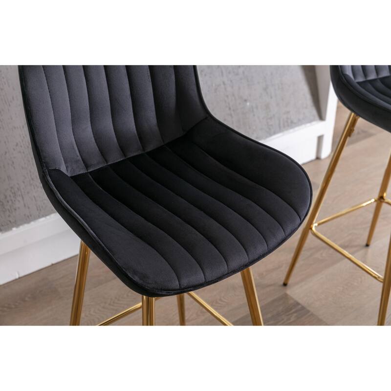30 inch Set of 2 Bar Stools,with Chrome Footrest Velvet Fabric Counter Stool Golden Leg Simple High Bar Stool,black