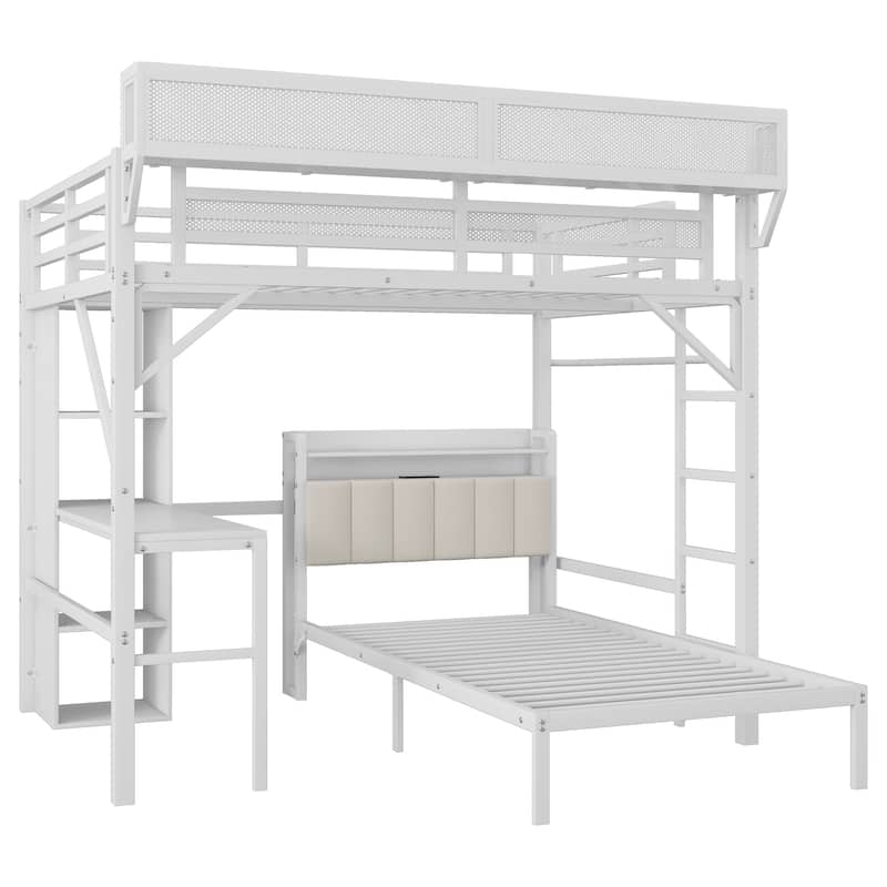 Full over Twin Metal Bunk Bed with Desk and Bookshelves,Detachable Metal Bunk Bed with LED and Charge Station