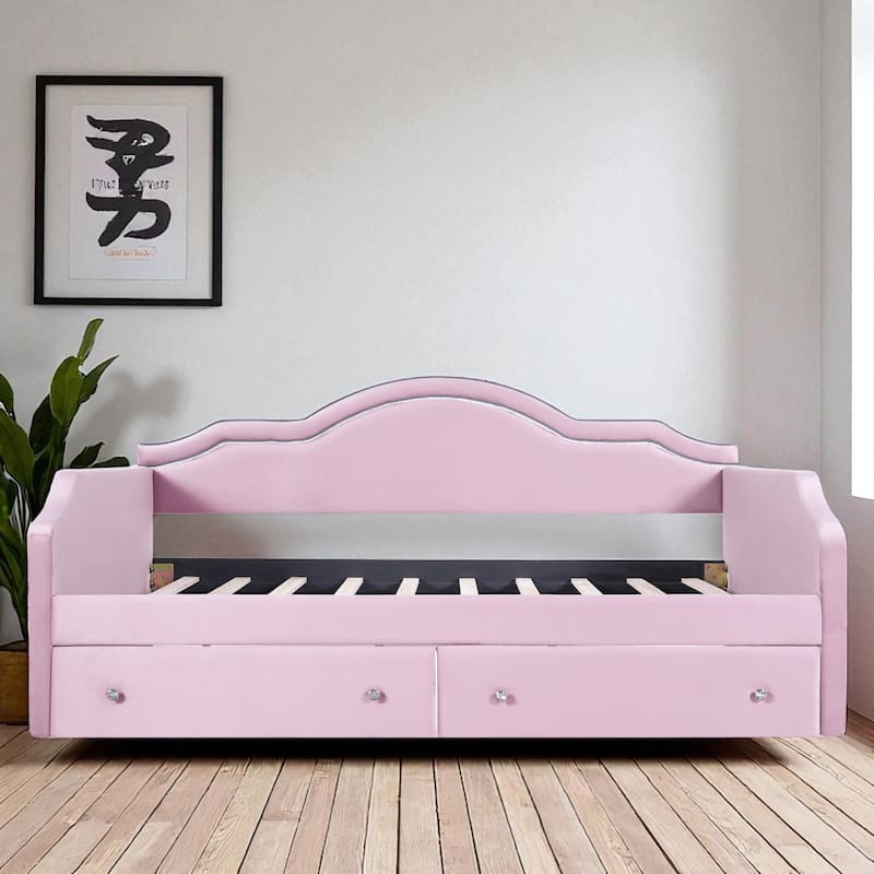 Twin/Full Size Upholstered Daybed with LED Lights, 2 Storage Drawers, Velvet Frame, No Box Spring Required