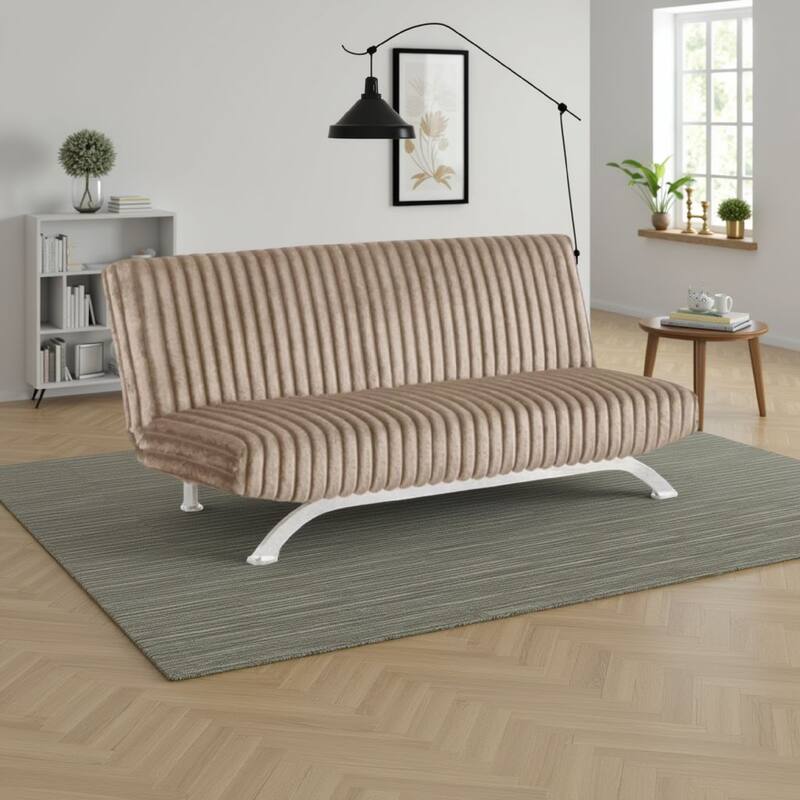 Villy Futon Sofa Bed, Chrome Metal Legs, Taupe Channel Tufted Fabric