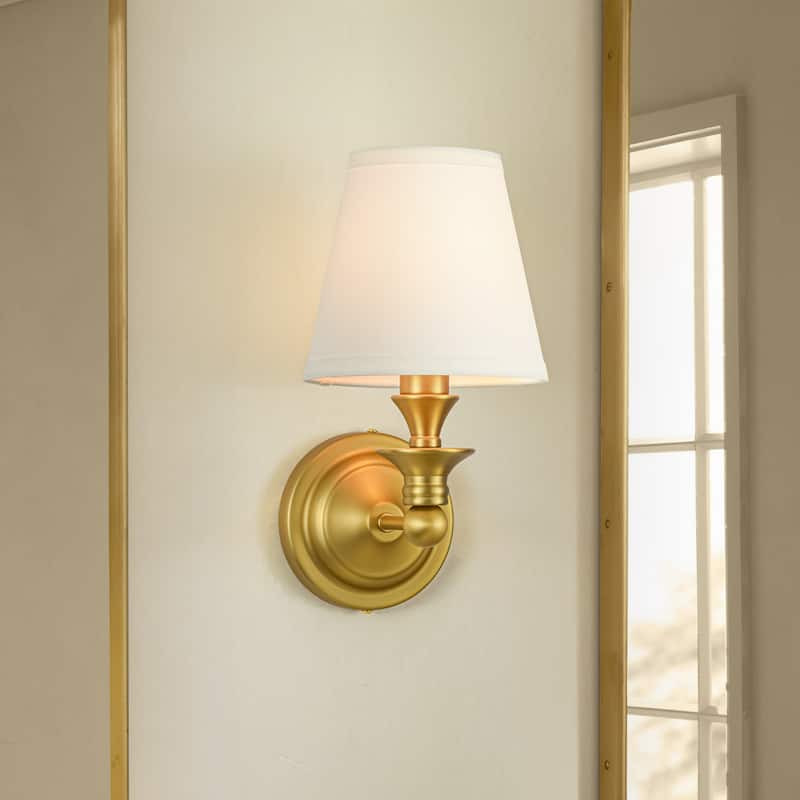 Rennnsan 1-Light Farmhouse Black/Gold Iron Wall Sconce with White Fabric Shade