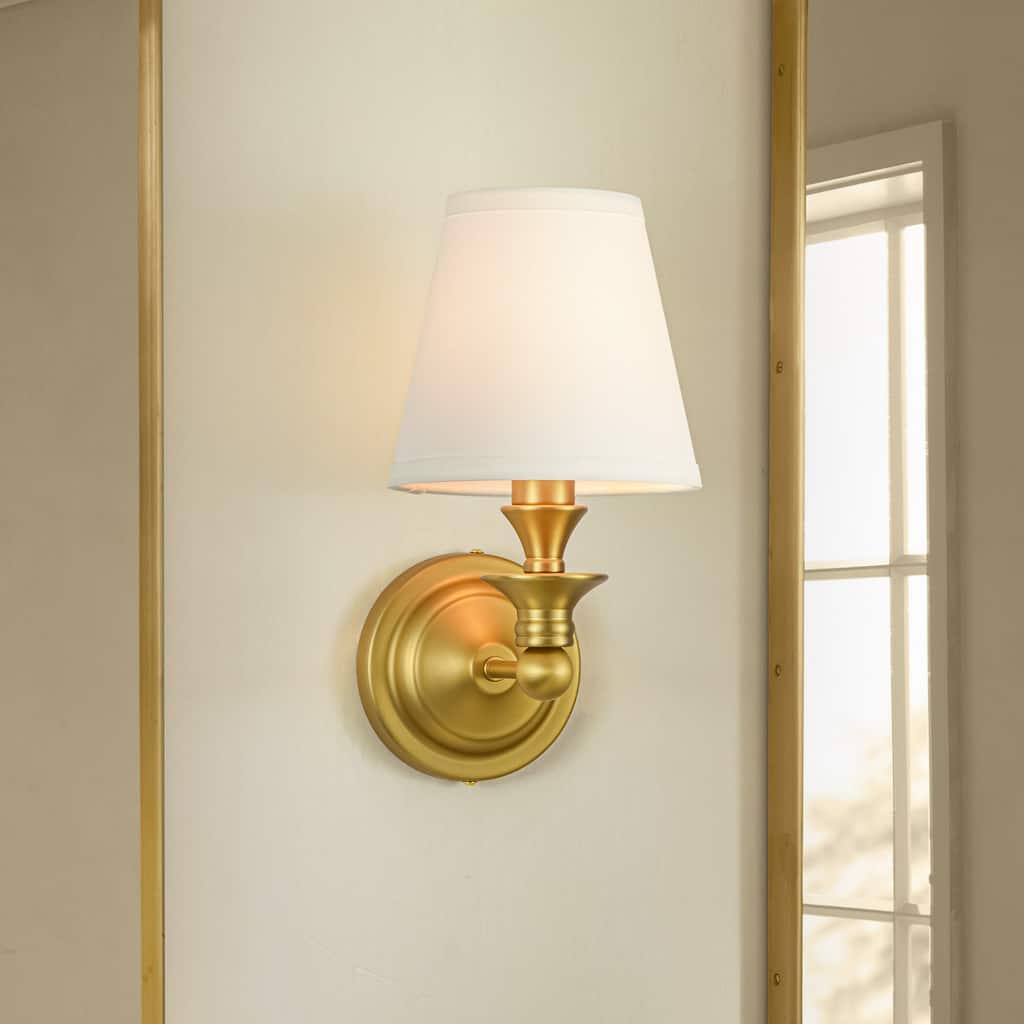 Rennnsan 1-Light Farmhouse Black/Gold Iron Wall Sconce with White Fabric Shade
