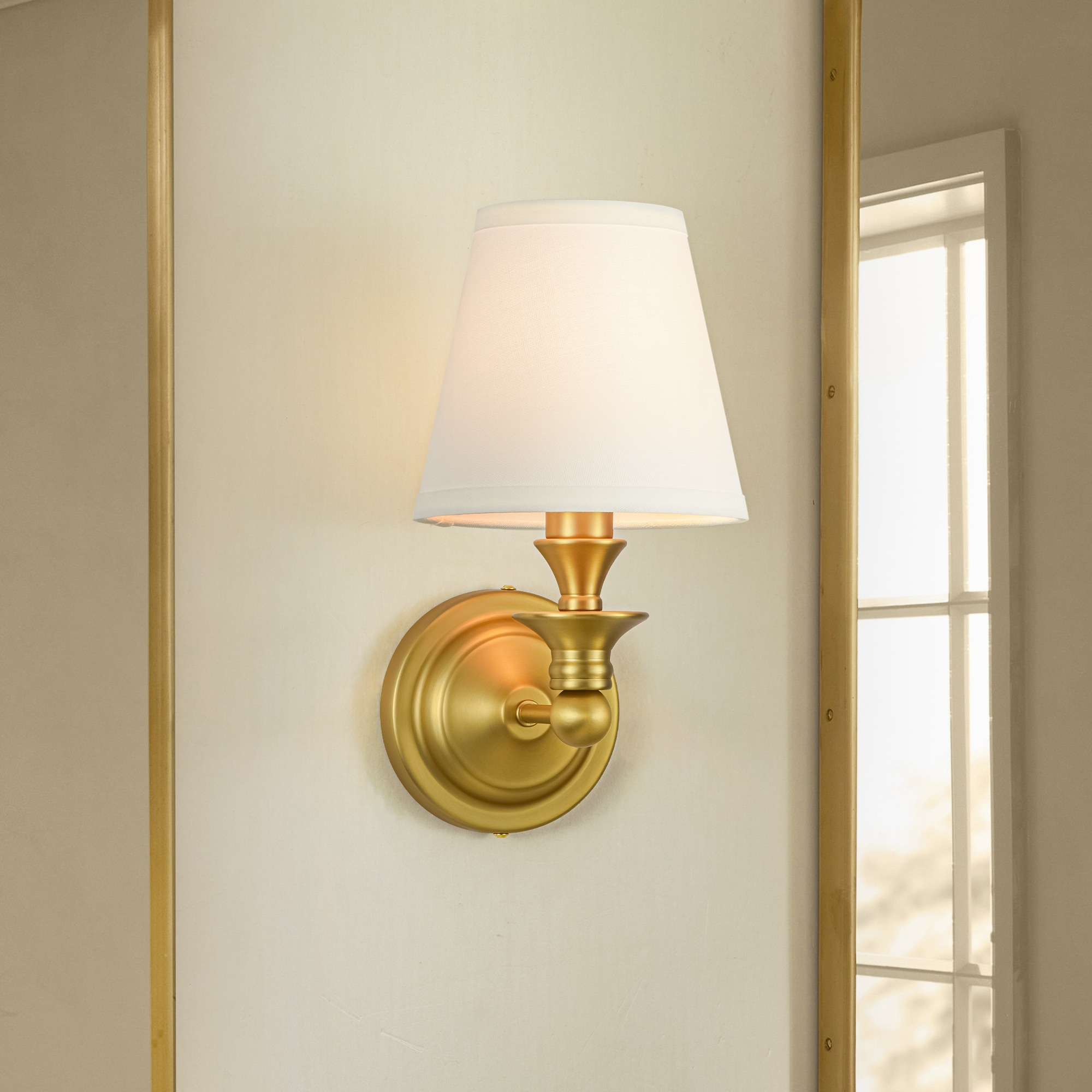 Rennnsan 1-Light Farmhouse Black/Gold Iron Wall Sconce with White Fabric Shade