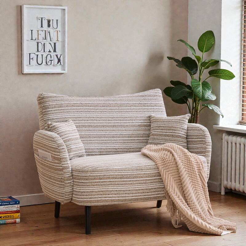 Modern Boucle 2-Seater Sofa with Storage Pockets, Deep-Seated Small Couch with Armrest Pillows for Apartments