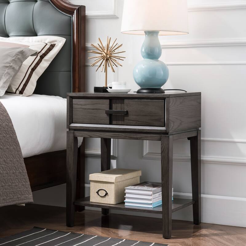 Contemporary Charging Oak Nightstand Side Table One Drawer - Brown - Wood