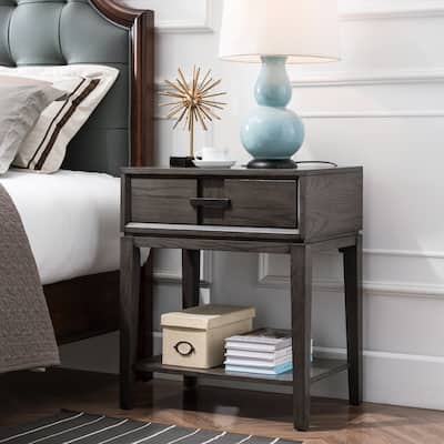 Contemporary Charging Oak Nightstand Side Table One Drawer