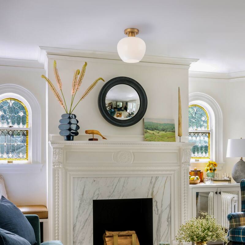 1-Light Gold Dome Flush Mount Ceiling Light with Opal Glass