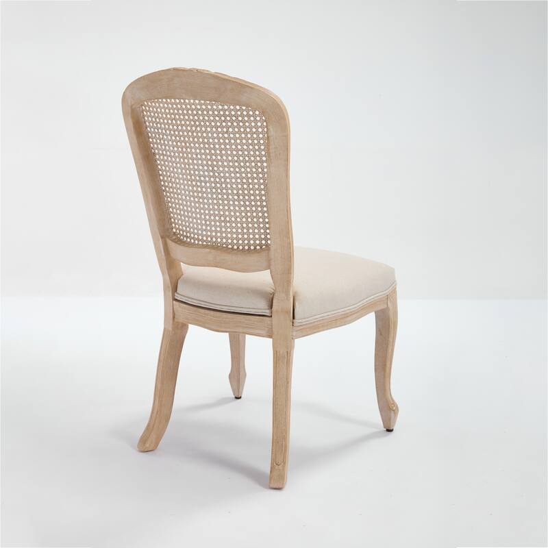 French Country Wood Dining Chairs Set of 2 Cotton Linen Seat
