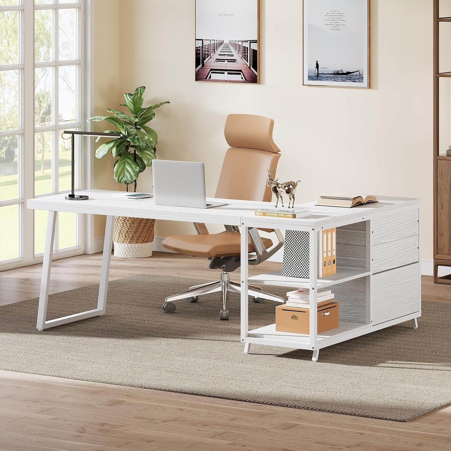 53" L Shaped Office Desk, Reversible Corner Computer Desk with 3 File Drawers and 2-Tier Shelves