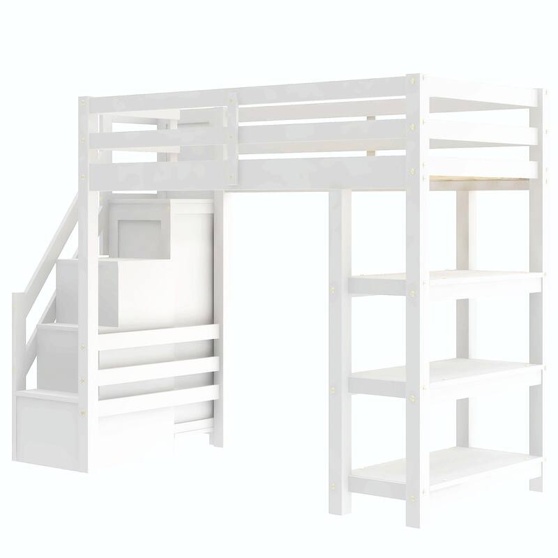 Loft Bed with Shelves, Storage Staircase, Small Wardrobe & White LED Light