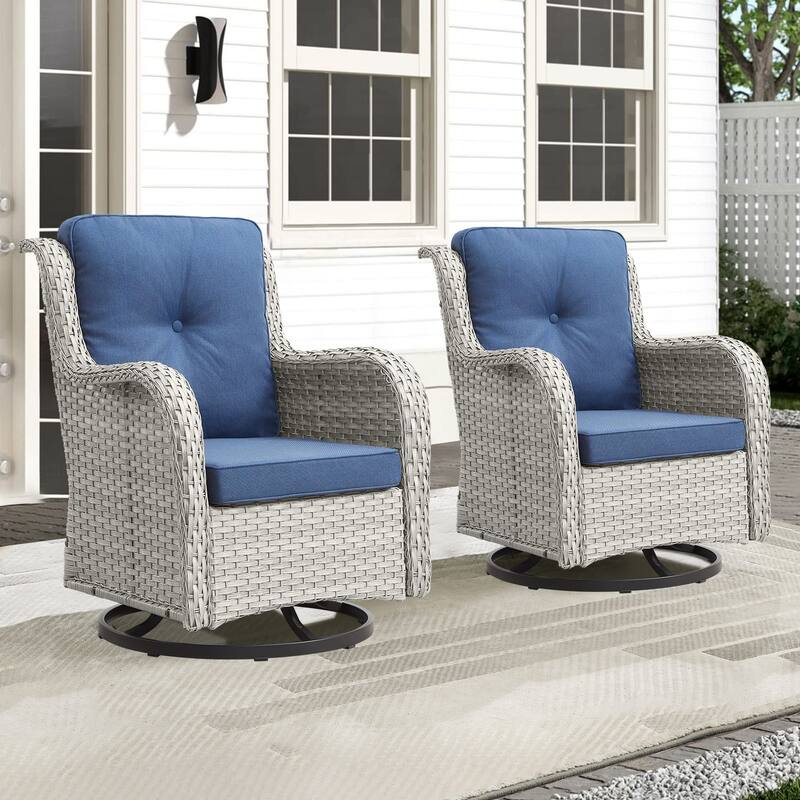 Pocassy Outdoor 4 Inch Swivel Chairs Glider Chairs - Light Beige Wicker Blue Cushion - 2 Pieces Swivel Chair