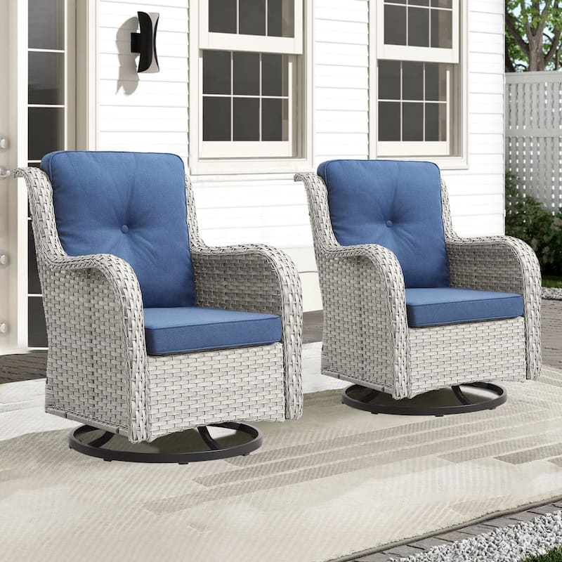 Pocassy Outdoor Swivel Chairs with 4 Inch Cushion - Light Gray Wicker Blue cushion - 2PCS Swivel Chair