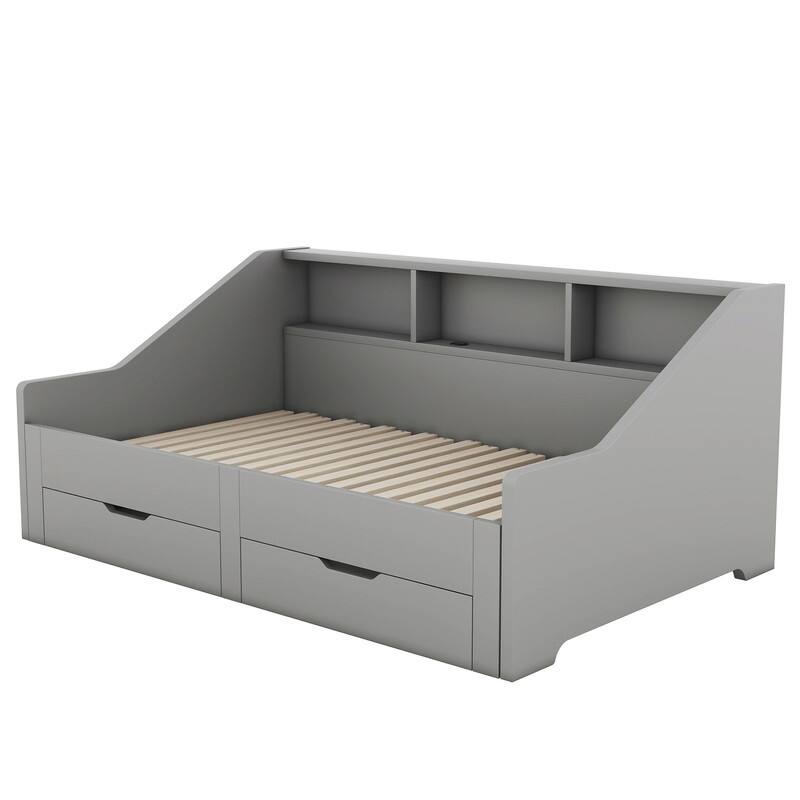 Twin to King Size Daybed Frame with Storage Bookcases and Two Drawers,Charging Design