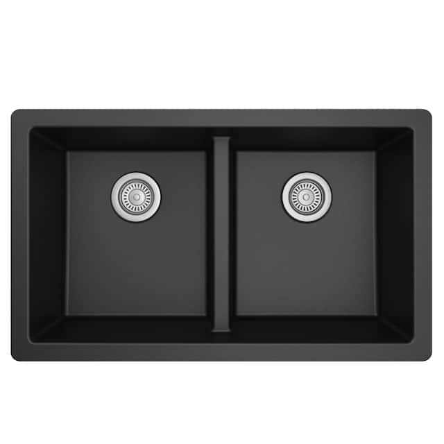 Karran Undermount Double Equal Bowl Quartz Kitchen Sink - 32" x 19.5" x 9" - 32" x 19.5" x 9" - Black