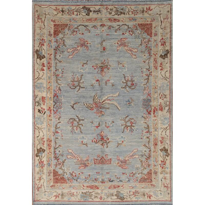 Hand Knotted Oriental 100% Wool Carpet Transitional Floral Navy Blue & Blues Oushak Area Rug - 6' 11'' X 4' 11''
