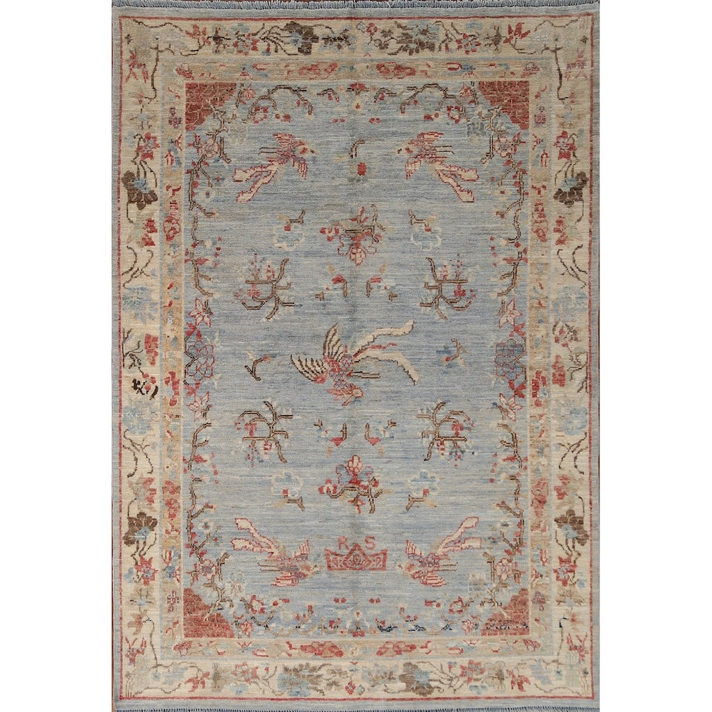 Hand Knotted Oriental 100% Wool Carpet Transitional Floral Navy Blue & Blues Oushak Area Rug - 6' 11'' X 4' 11''