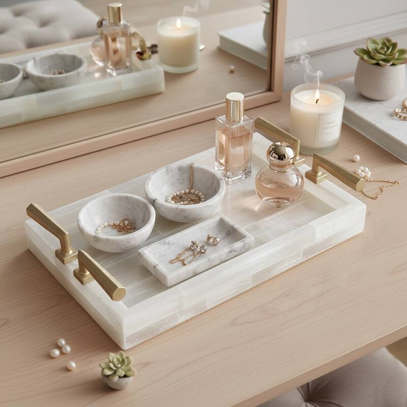 Stone Decorative Tray Chic Stylish Hardware Handles - 14" Gold - 13.75" - Gold/ White - 13.75"