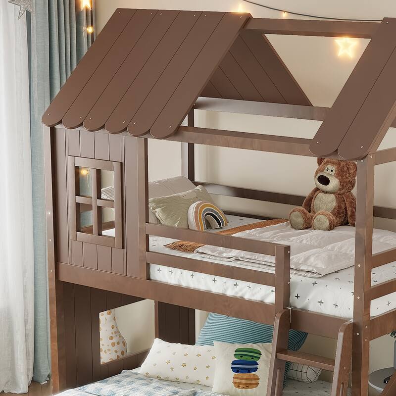 Twin over Full House Bunk Bed with Ladders and Slides, House Floor Bunk Bed with Storage Shelves and Wardrobe