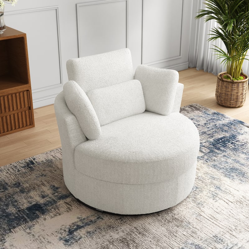 41" W Oversized Accent Barrel Swivel Chair with Moon Storage Ottoman - Single Chair - Beige Chenille
