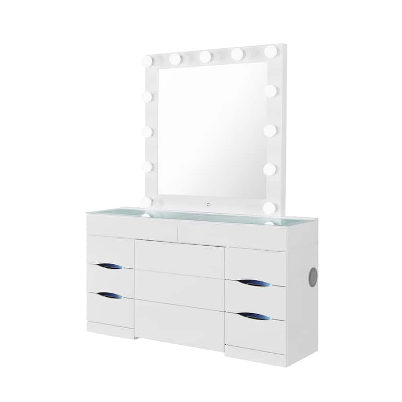 HomeRoots 62" White Wood And Glass Six Drawer Vanity Table With Mirror Seating And Lights