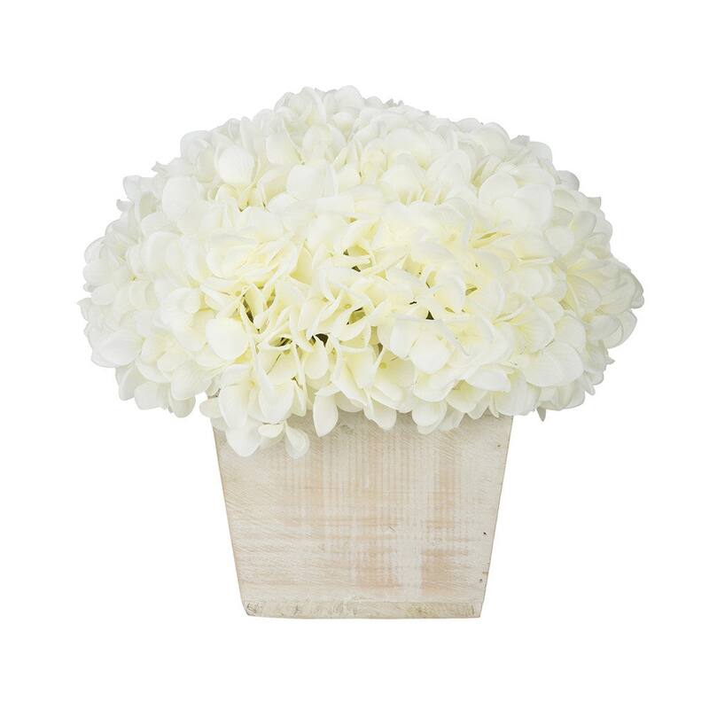 Faux Hydrangea in White Washed Wood Cube Planter