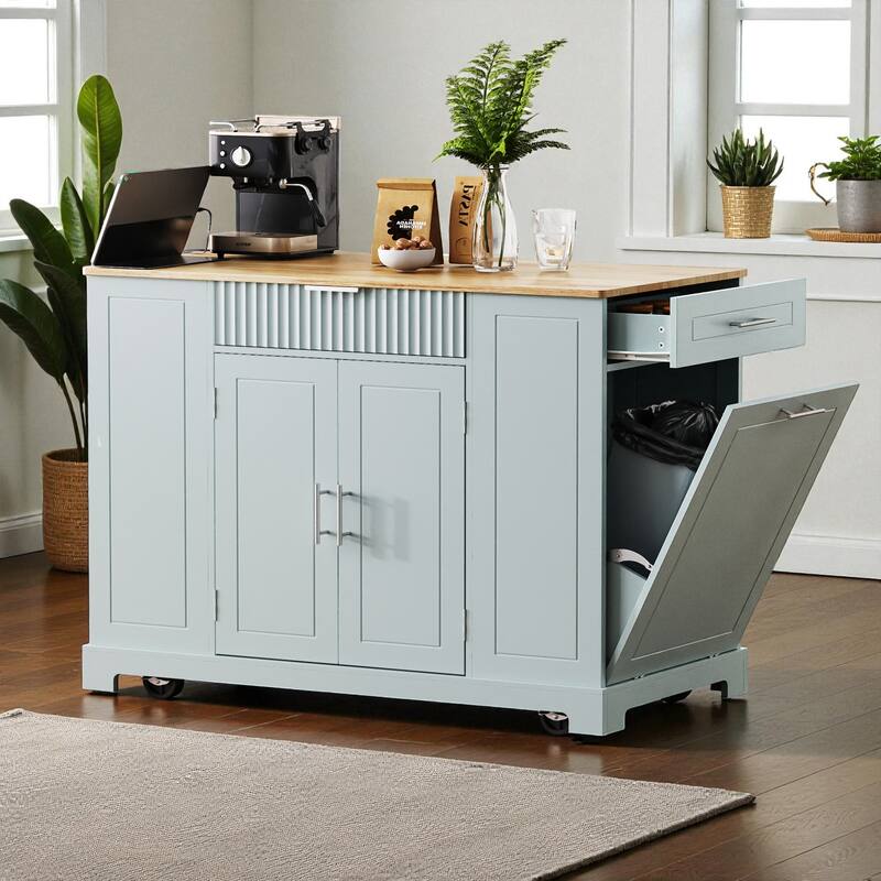 47" Fluted Kitchen Island with Trash Can Cabinet, Power Outlet, Rubber Wood Top, Rolling Storage Cart with Drawers & Side Racks