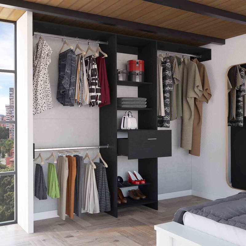 Closet System, Five Open Shelves, One Drawer, Three Metal Rods