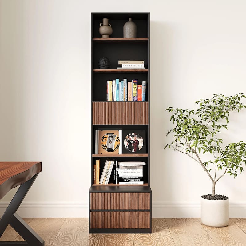 85.8'' Tall Bookcase with Movable Footstool and 6-Tier Open Shelves Storage Drawers