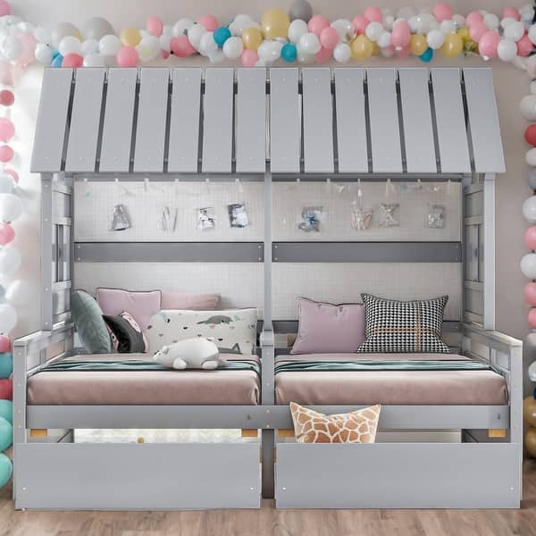 slide 2 of 18, Twin House Platform Beds with Drawers, Side-by-Side Grey