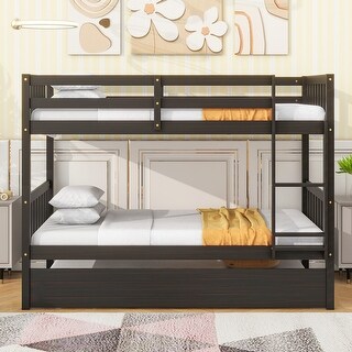 Functional Design Rubber Wood Bunk Bed with Twin Trundle, Ladder and Safety Guardrails, Twin Over Twin, Espresso